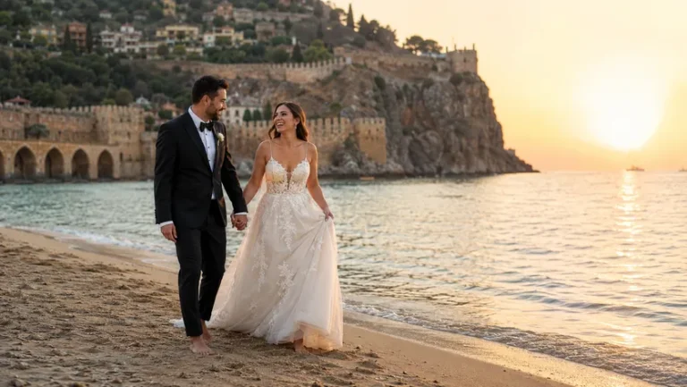Alanya kadın fotoğrafçı dış çekim kumsalda gelin ve damat gün batımı