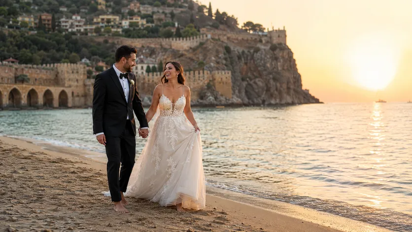 Alanya kadın fotoğrafçı dış çekim kumsalda gelin ve damat gün batımı