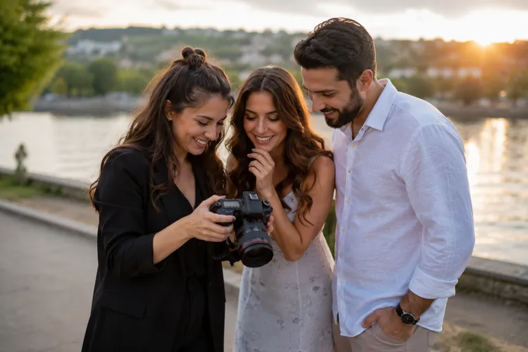 Profesyonel kadın fotoğrafçı müşterilerine çekim sonuçlarını gösteriyor