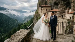 Sümela Manastırı tarihi dokusında gelin damat dış çekimi yapan macka dis cekim fotografcisi ve bayan fotografci ekibi