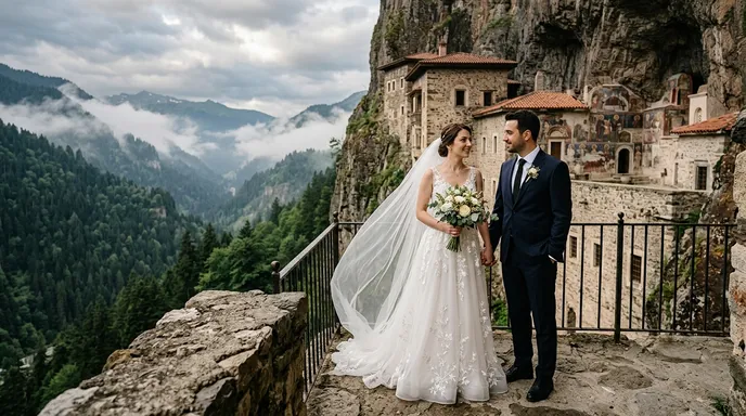 Sümela Manastırı tarihi dokusında gelin damat dış çekimi yapan macka dis cekim fotografcisi ve bayan fotografci ekibi