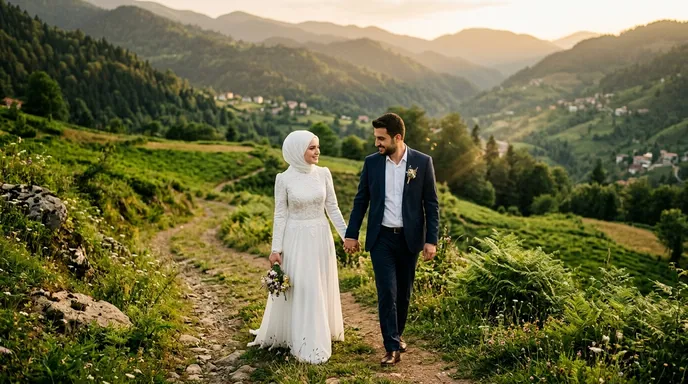 Doğa içerisinde çekim yapan bayan fotoğrafçı ve muhafazakâr çift dış çekim pozları