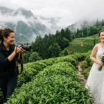 Rize kadın fotoğrafçı ve bayan fotoğrafçı eşliğinde çay bahçesinde düğün dış çekimi