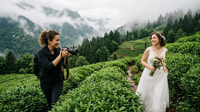 Rize kadın fotoğrafçı ve bayan fotoğrafçı eşliğinde çay bahçesinde düğün dış çekimi