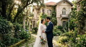 İzmir Bornova Kadın Fotoğrafçısı tarihi köşk düğün fotoğrafçısı eşliğinde botanik bahçede çekim yapan bayan fotoğrafçı ve evli çift